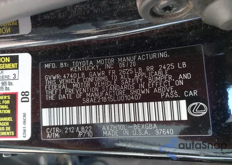 2020 Lexus Es 300H Luxury z USA, uszkodzony, nr VIN 58AE21B15LU010407